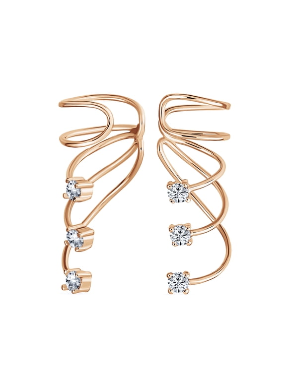 Womens Spiral CZ Curved Wire Crawlers Ear Cuff Cartilage Earrings Rose Gold Silver