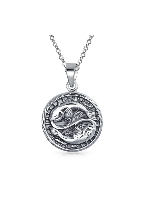 Unisex Pisces Zodiac Sign Astrology Horoscope Round Medallion Pendant Necklace Silver