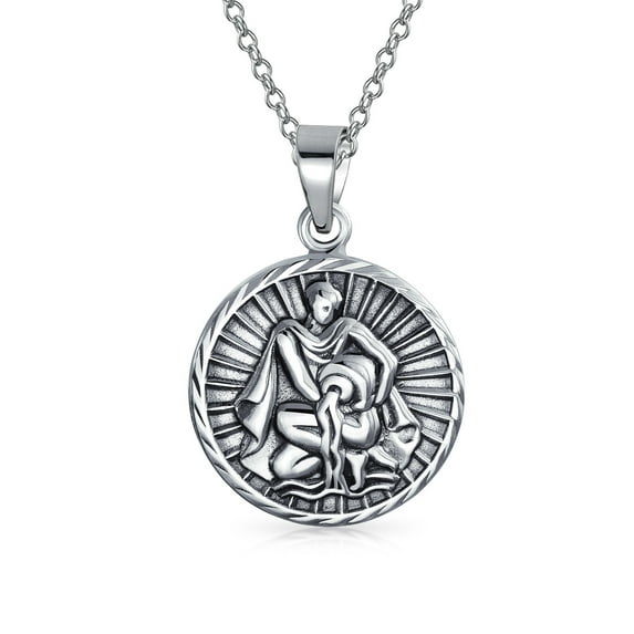 Bling Jewelry Unisex Aquarius Zodiac Sign Astrology Horoscope Round Medallion Pendant Necklace Silver