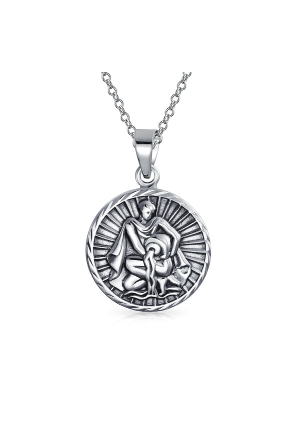 Unisex Aquarius Zodiac Sign Astrology Horoscope Round Medallion Pendant Necklace Silver