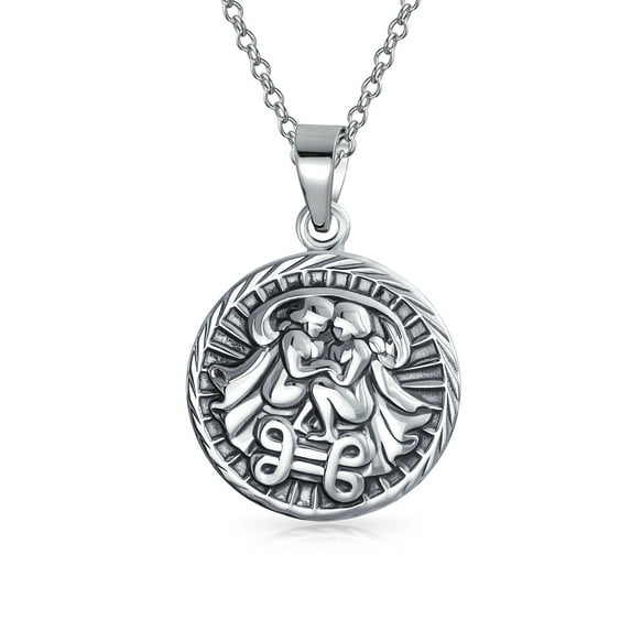Bling Jewelry Unisex Gemini Zodiac Sign Astrology Horoscope Round Medallion Pendant Necklace Silver