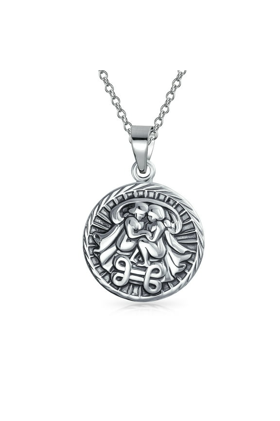 Unisex Gemini Zodiac Sign Astrology Horoscope Round Medallion Pendant Necklace Silver