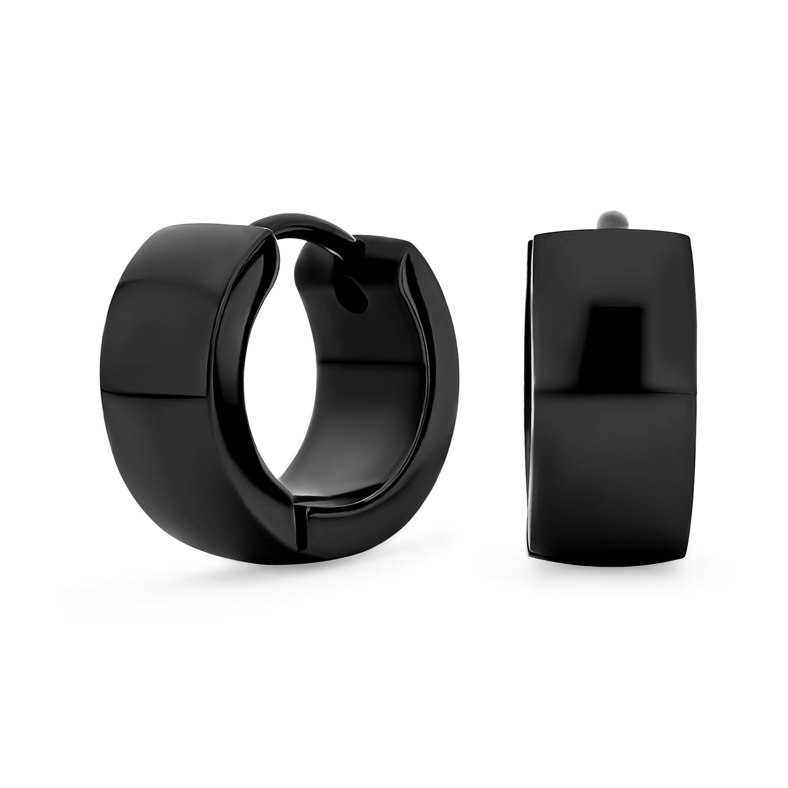 Stainless Steel Black Brush Hoop Earrings - 13mm Men's/Women's Hinged Snap Clasp