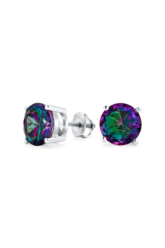 Unisex Round Black Mystic Rainbow CZ Stud Earrings Sterling Silver Screw Back 5-9 MM