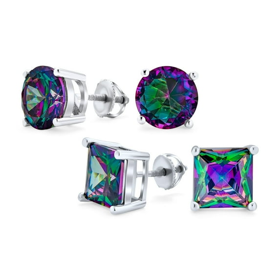 Bling Jewelry Unisex Set of 2 Round & Square Mystic Rainbow CZ Stud Earrings Silver Screw Back 5MM