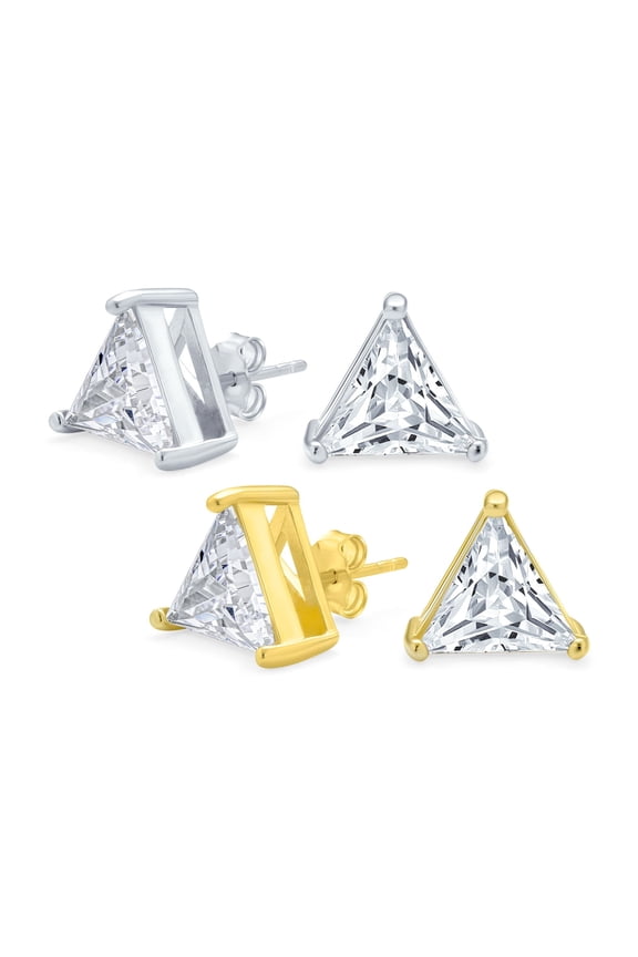 Unisex Set of 2 Triangle Clear Cubic Zirconia Stud Earrings Gold Plated Silver 9MM