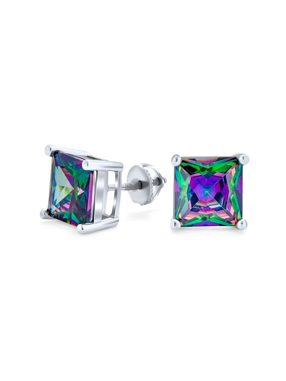 Unisex Square Rainbow CZ Princess Cut Stud Earrings Sterling Silver Screwback 6MM