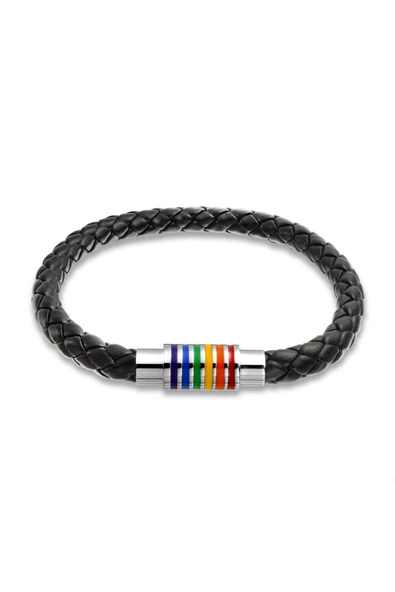 Unisex Rainbow Pride Stripes Black PU Leather Bracelet Woven Bangle Bracelet Unisex Stainless 7.5 Inch