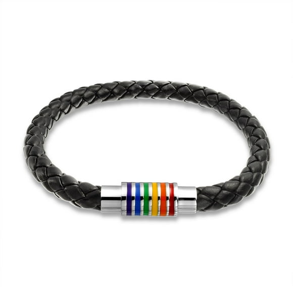 Bling Jewelry Unisex Striped Rainbow Flag Black Braided Leather Bracelet with Stainless Clasp