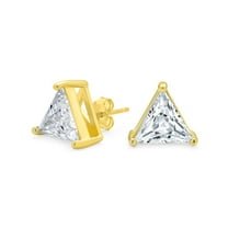 Bling Jewelry Unisex Triangle CZ Stud Earrings for Men, Yellow Gold Sterling Silver, 3 Prong Set