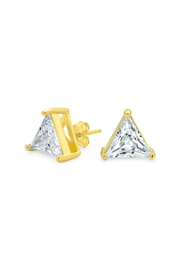 Unisex Triangle CZ Stud Earrings for Men, Yellow Gold Sterling Silver, 3 Prong Set