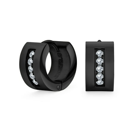 Bling Jewelry Unisex Channel Set Wide K-pop Hoop Huggie Earrings Cubic Zirconia CZ Black Steel Stainless Steel