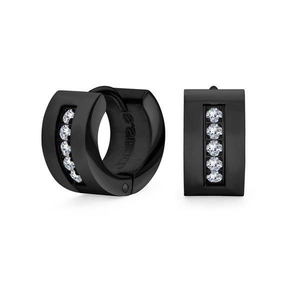 Bling Jewelry Unisex Channel Set Wide K-pop Hoop Huggie Earrings Cubic Zirconia CZ Black Steel Stainless Steel
