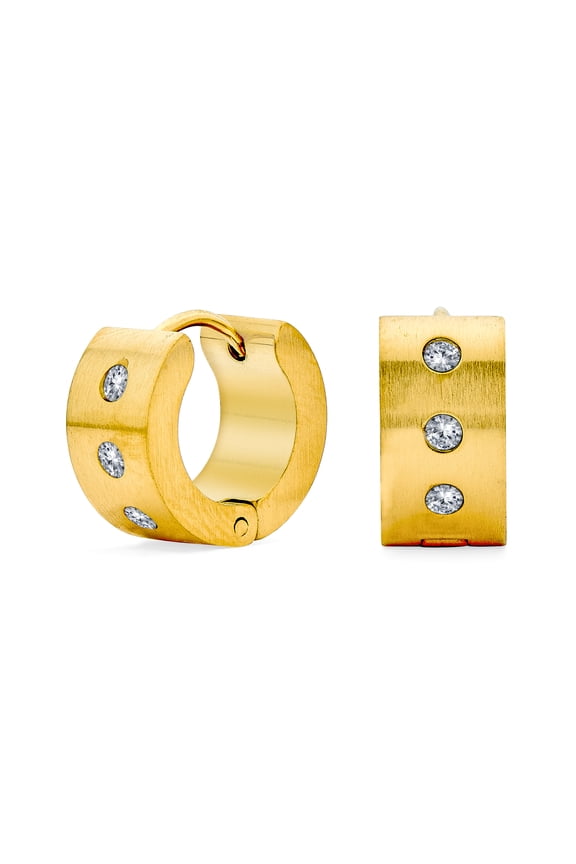 Unisex Wide CZ Hoop Earrings Gold Stainless Steel Huggie K-pop