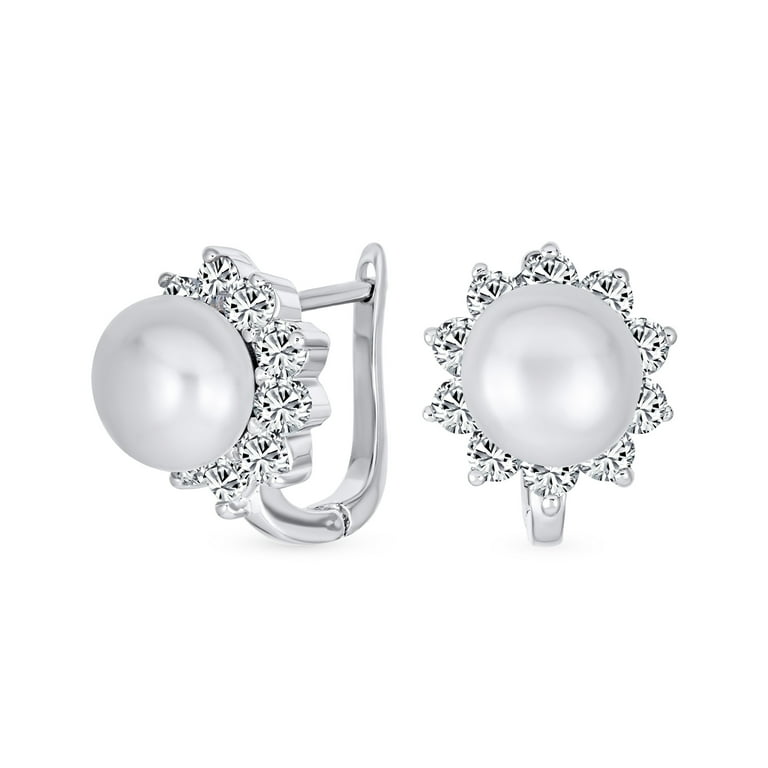 White Cultured Freshwater Pearl Stud Earrings with CZ Halo Sterling Silver White Cultured Freshwater Pearl Stud Earrings with CZ Halo Sterling Silver