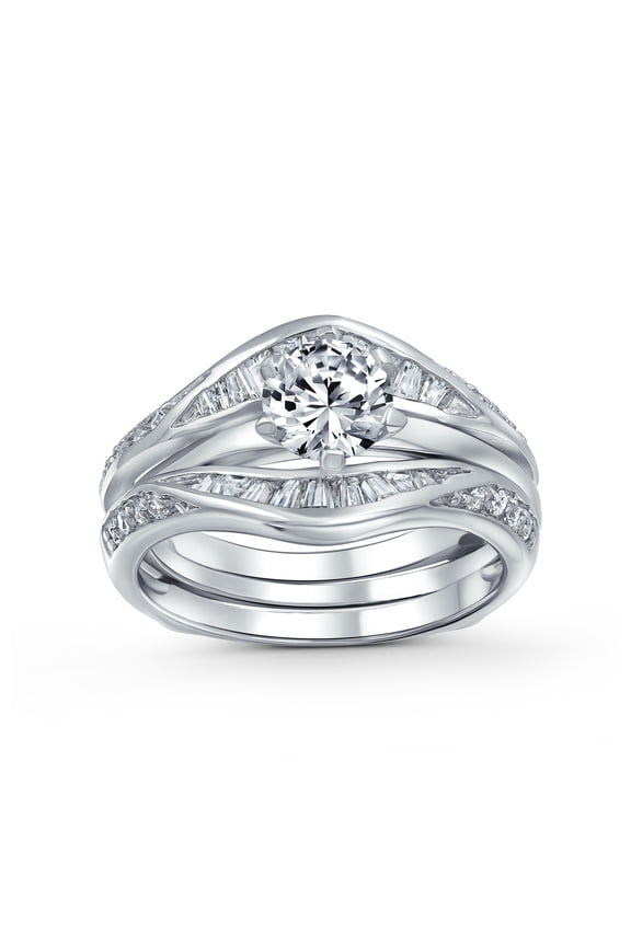 Womens 1.5CT Solitaire CZ Baguette Band Statement Bridal Ring Set