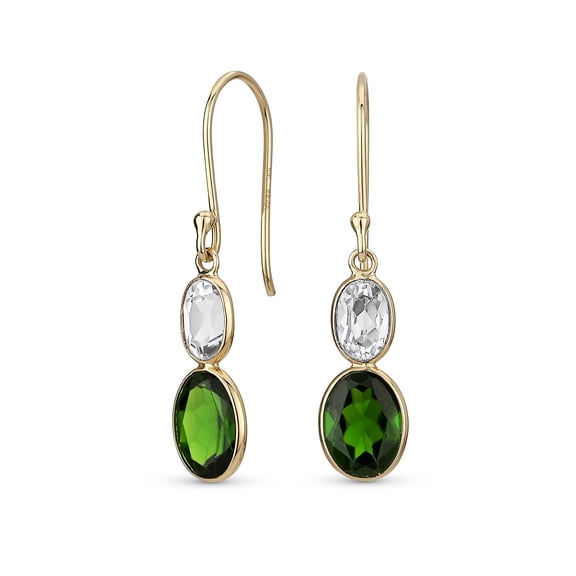 Bling Jewelry Womens 10K Gold Bezel Set Oval Emerald-Green Diopside & Created White Sapphire Drop Earrings