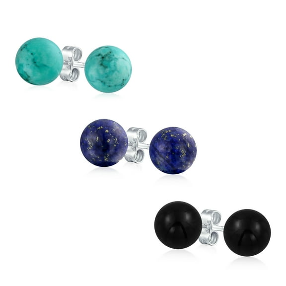 Bling Jewelry Womens Set of 3 10MM Natural Blue Lapis Turquoise Black Onyx Ball Stud Earrings Silver