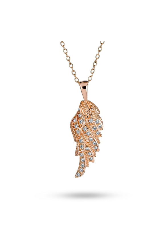 Womens CZ Guardian Angel Wing Feather Pendant Necklace Rose Gold Plated Sterling Silver