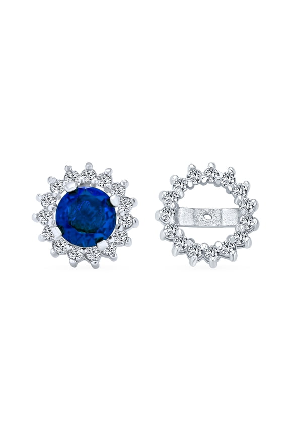 Womens Sterling Silver Removable CZ Halo Earring Jackets Cubic Zirconia & Simulated Sapphire Blue Studs
