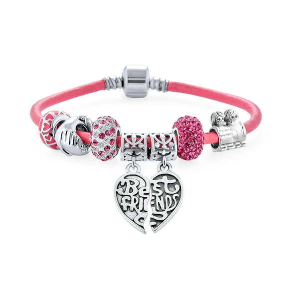 Bling Jewelry Womens Best Friend Sorority Sister BFF Split Heart Multi Bead Charm Bracelet Pink Leather Sterling Silver Barrel Clasp