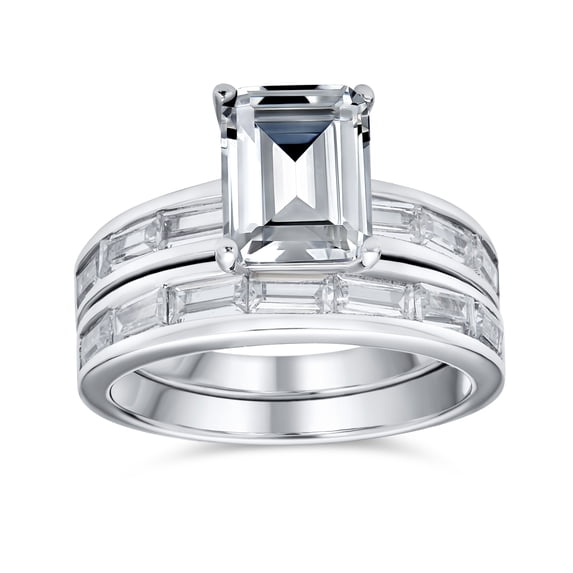 Silver Pickup Rings Bling Jewelry Womens 2CT CZ Emerald Cut Channel-Set Baguette Engagement ...