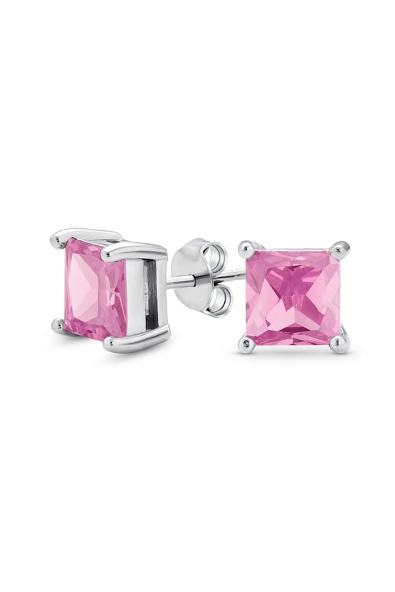 Womens 2CT Princess Cut CZ Stud Earrings in Sterling Silver 7MM