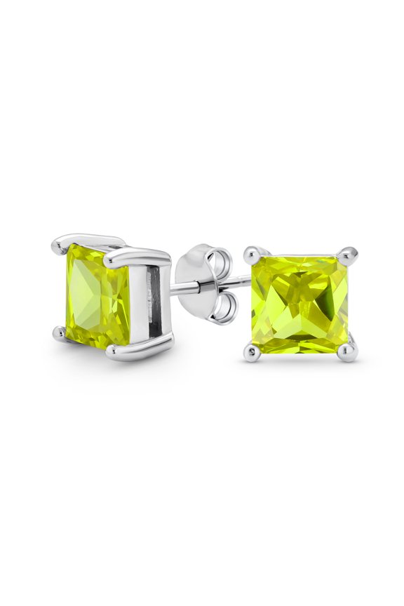 Womens 2CT Princess Cut CZ Stud Earrings in Sterling Silver 7MM