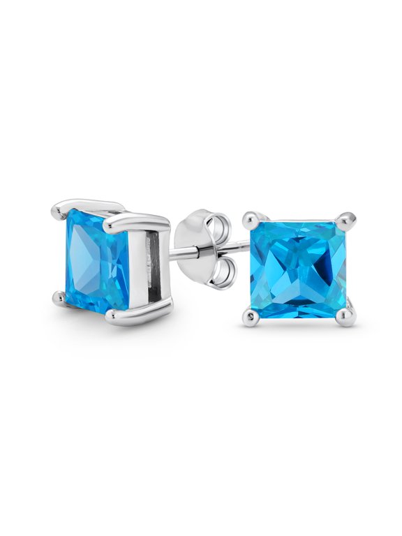 Womens Square Light Blue CZ Princess Cut Stud Earrings .925 Sterling Silver 7MM
