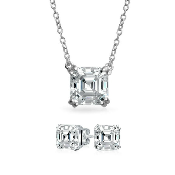 Bling Jewelry Womens 2CT Square Asscher Cut CZ Solitaire Pendant Necklace & Stud Earrings Set Silver
