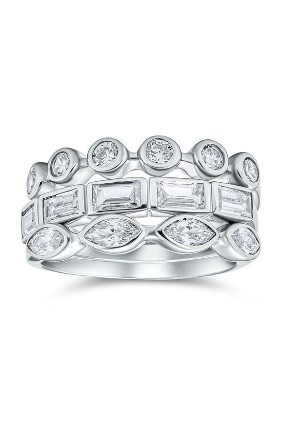 Womens 3 Set  Baguette Marquise CZ Band Rings Stackable