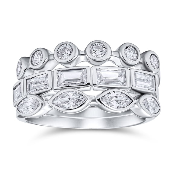 Bling Jewelry Womens Stackable Eternity Band Ring Set 3PC CZ Baguette Marquise Round .925 Sterling Silver