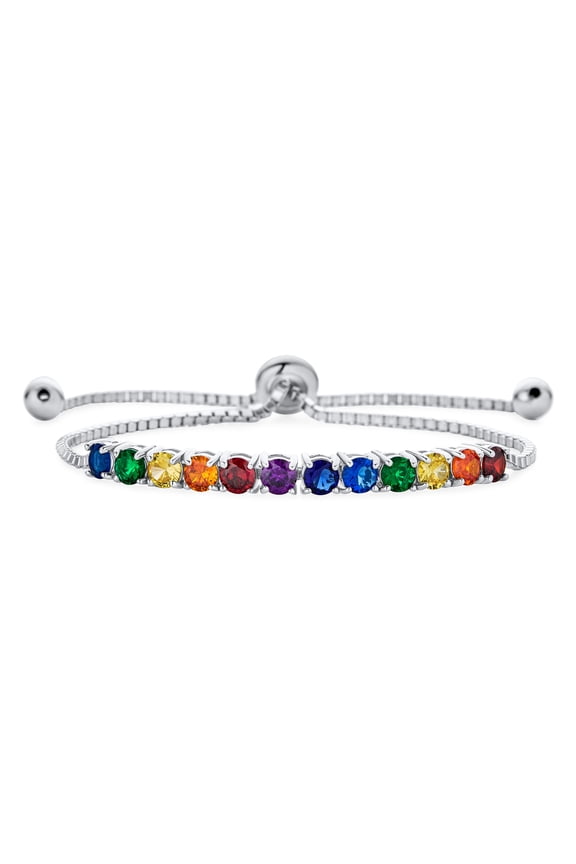 Womens 3CTW CZ Rainbow Bolo Style Tennis Bracelet Rhodium Plated