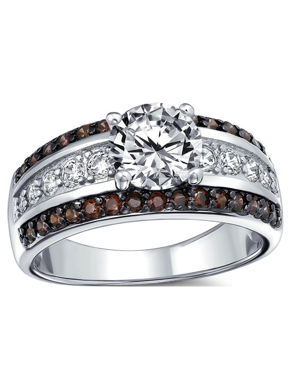 Womens 3CT CZ Solitaire Engagement Ring 2-Tone Clear & Brown Band Silver Plated