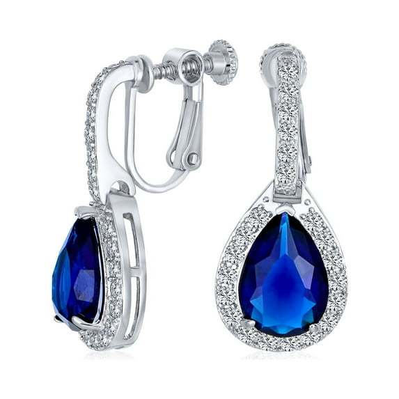 Bling Jewelry Womens 7CT Blue Teardrop CZ Clip On Drop Earrings Imitate Sapphire