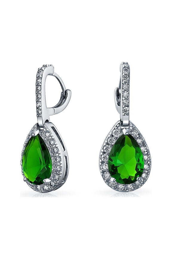 Womens 7CT Green Teardrop Pave Hoop Earrings CZ Imitation Emerald