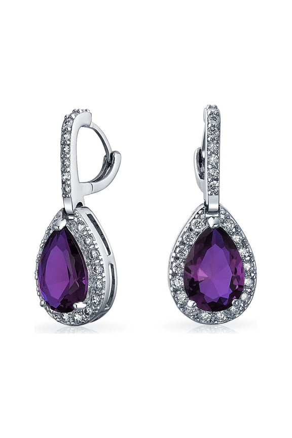 Womens Classic 7CT Purple Halo CZ Large Teardrop Earrings Hinge Clip Closure