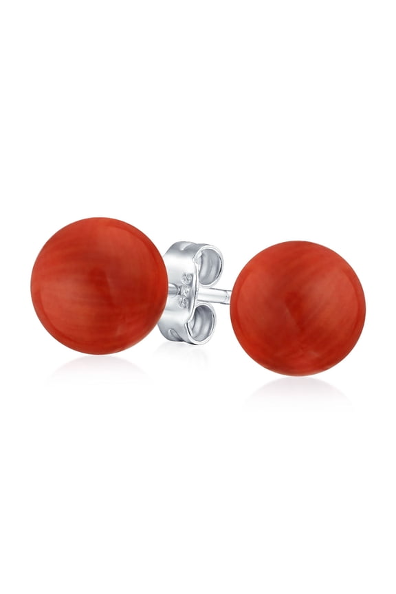 Womens Classic 8MM Natural Stone Round Bead Ball Stud Earrings .925 Sterling Silver