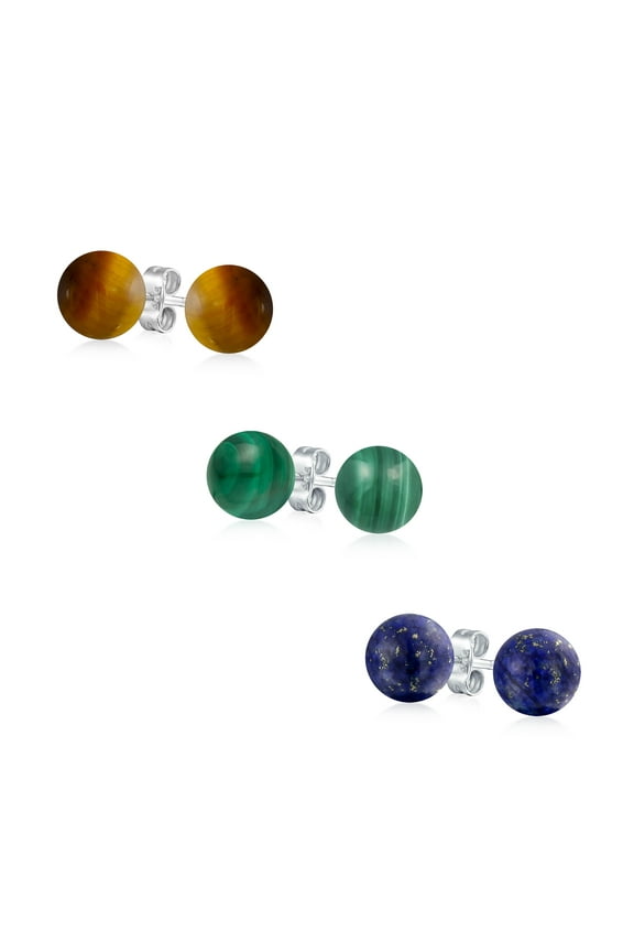Womens Set of 3 Natural Stone 8MM Bead Ball Stud Earrings .925 Sterling Silver