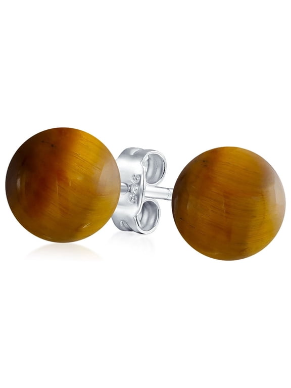 Womens Classic 8MM Brown Tiger Eye Bead Ball Stud Earrings .925 Sterling Silver