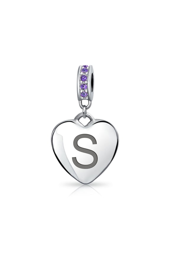 Womens A-Z Monogram Purple Crystal Initial Bead Charm Heart