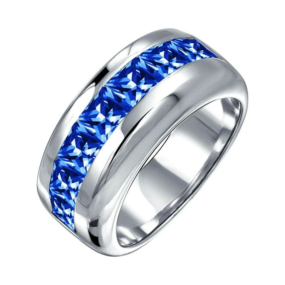 Bling Jewelry Womens Unisex Channel Set Cubic Zirconia Blue CZ Invisible Cut Wedding Band Silver 9MM