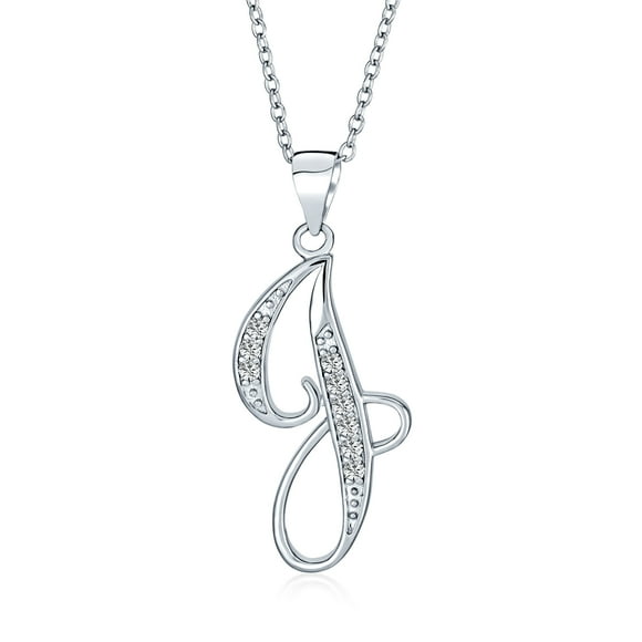 Bling Jewelry Womens ABC Sterling Silver Initial Pendant Necklace with CZ Pave Cursive Script Letter