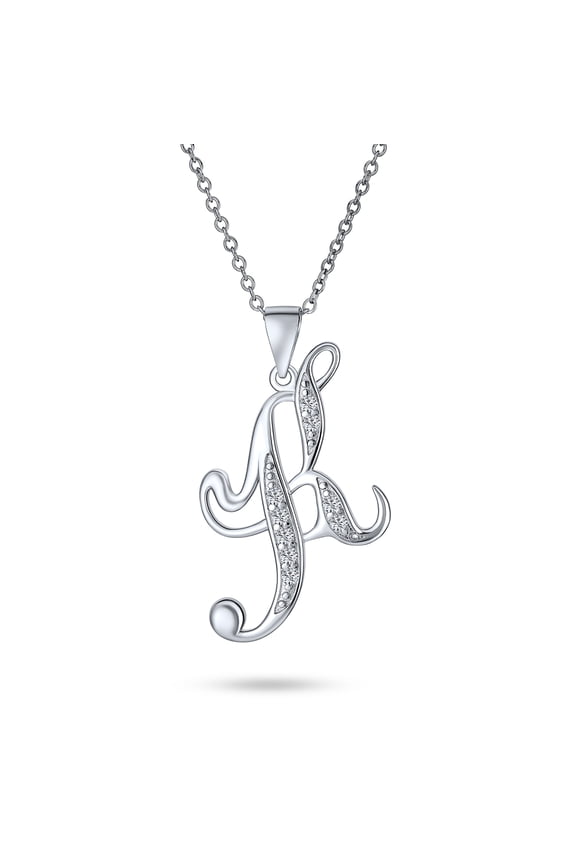 Womens ABC Initial Pendant Necklace CZ Pave Cursive Script Letter