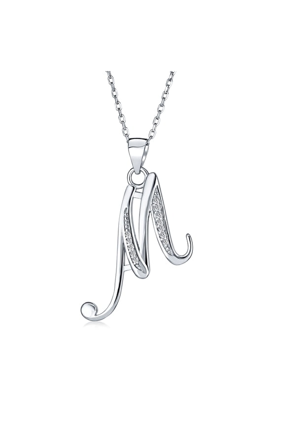 Womens ABC Initial Pendant Necklace CZ Pave Cursive Script Letter