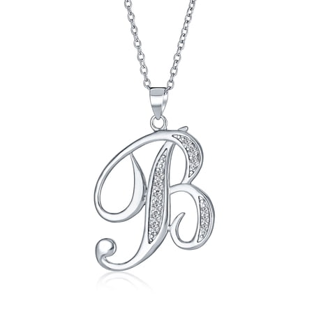 Bling Jewelry Womens Pave CZ Script Alphabet Initial B Pendant Necklace .925 Sterling Silver