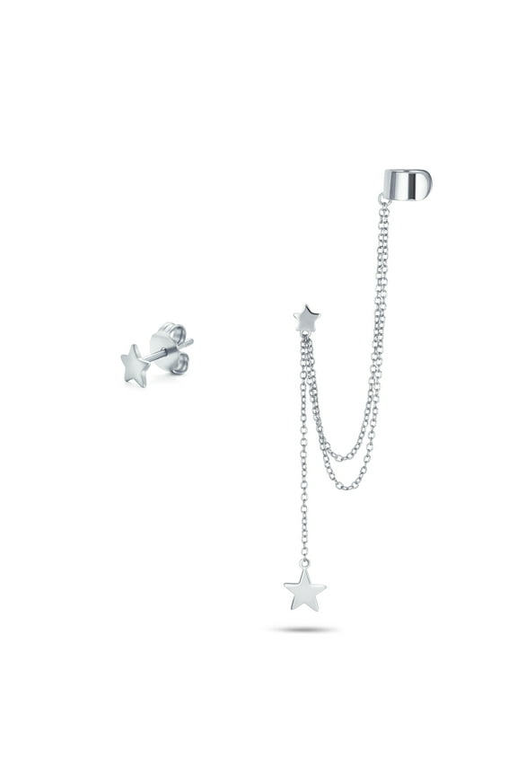 Womens USA Patriotic Star Double Chain Ear Lobe Cartilage Clip On Ear Cuff Wrap Stud Earring Set Gold Plated Sterling Silver