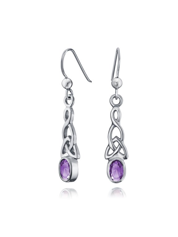 Womens Amethyst Celtic Knot Dangle Earrings Sterling Silver Fish Hook