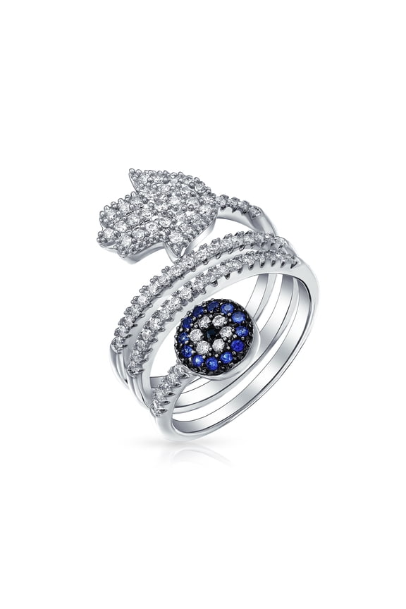 Womens Spiritual Blue CZ Hamsa Evil Eye Wrap Bypass Statement Ring Silver Plated