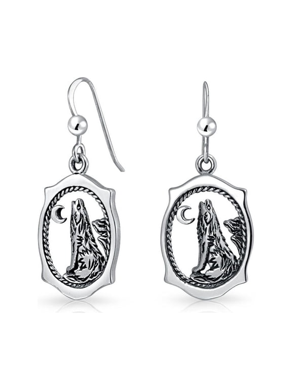 Womens Animal Oval Moon Howling Wolf Dangle Earrings Oxidized .925 Sterling Silver